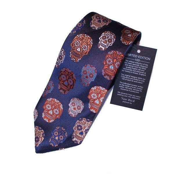 Limited Edition mens silk day of the dead skull tie in navy