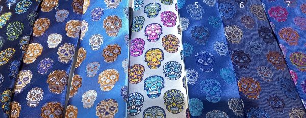Limited Edition mens silk day of the dead skull ties in navy, gold, silver and more