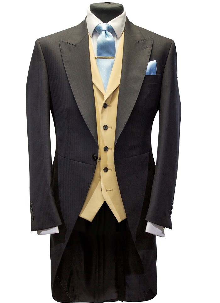 EX HIRE BLACK ASCOT 3 PIECE TAILCOAT WEDDING SUIT WAISTCOAT AND STRIPE TROUSERS 