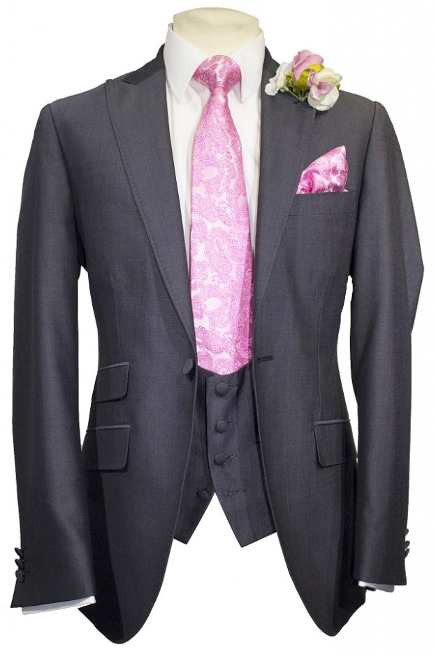 Charcoal Mohair Mens Lounge Suit with scoop waistcoat and pink paisley tie and handkerchief