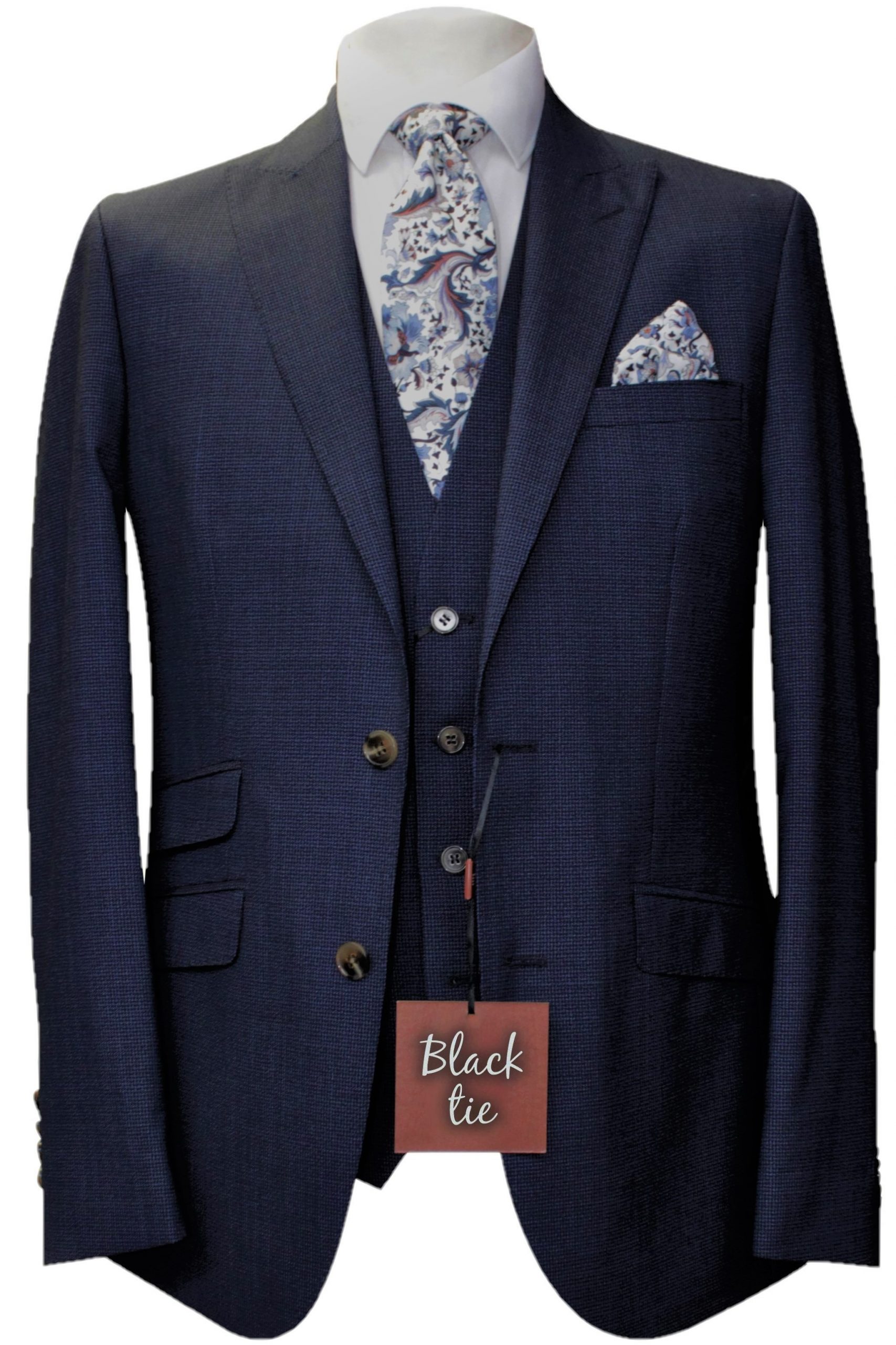 Navy Wool Mens Wedding Suit with Liberty Fabric Tie