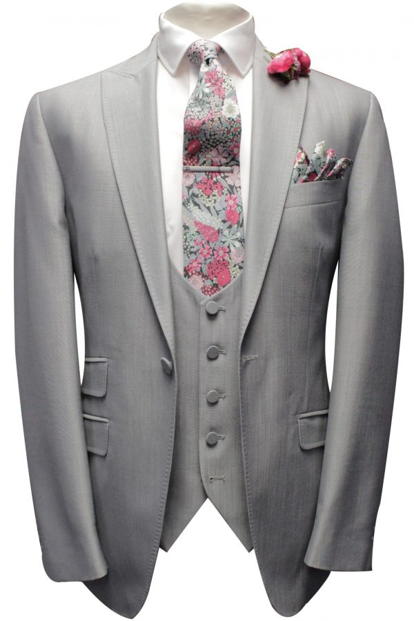 Pearl Grey Mens Wedding Suit with Liberty Fabric tie and handkerchief by Black Tie Menswear, Berkshire