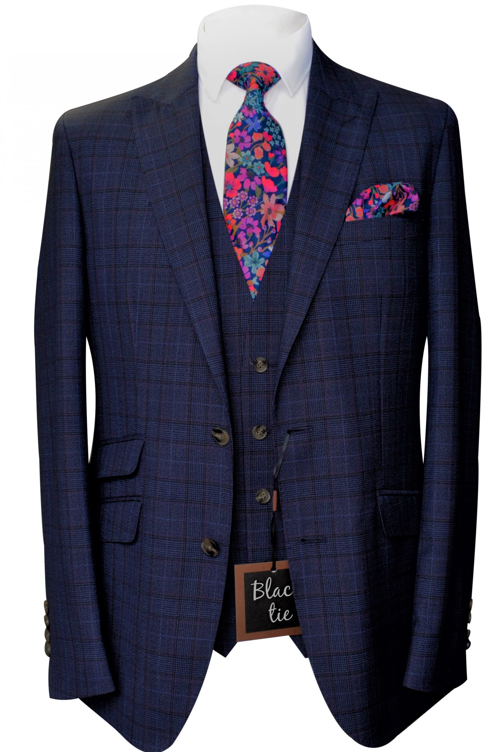 Navy Check Wool Mens Wedding Lounge Suit with floral liberty tie and handkerchief