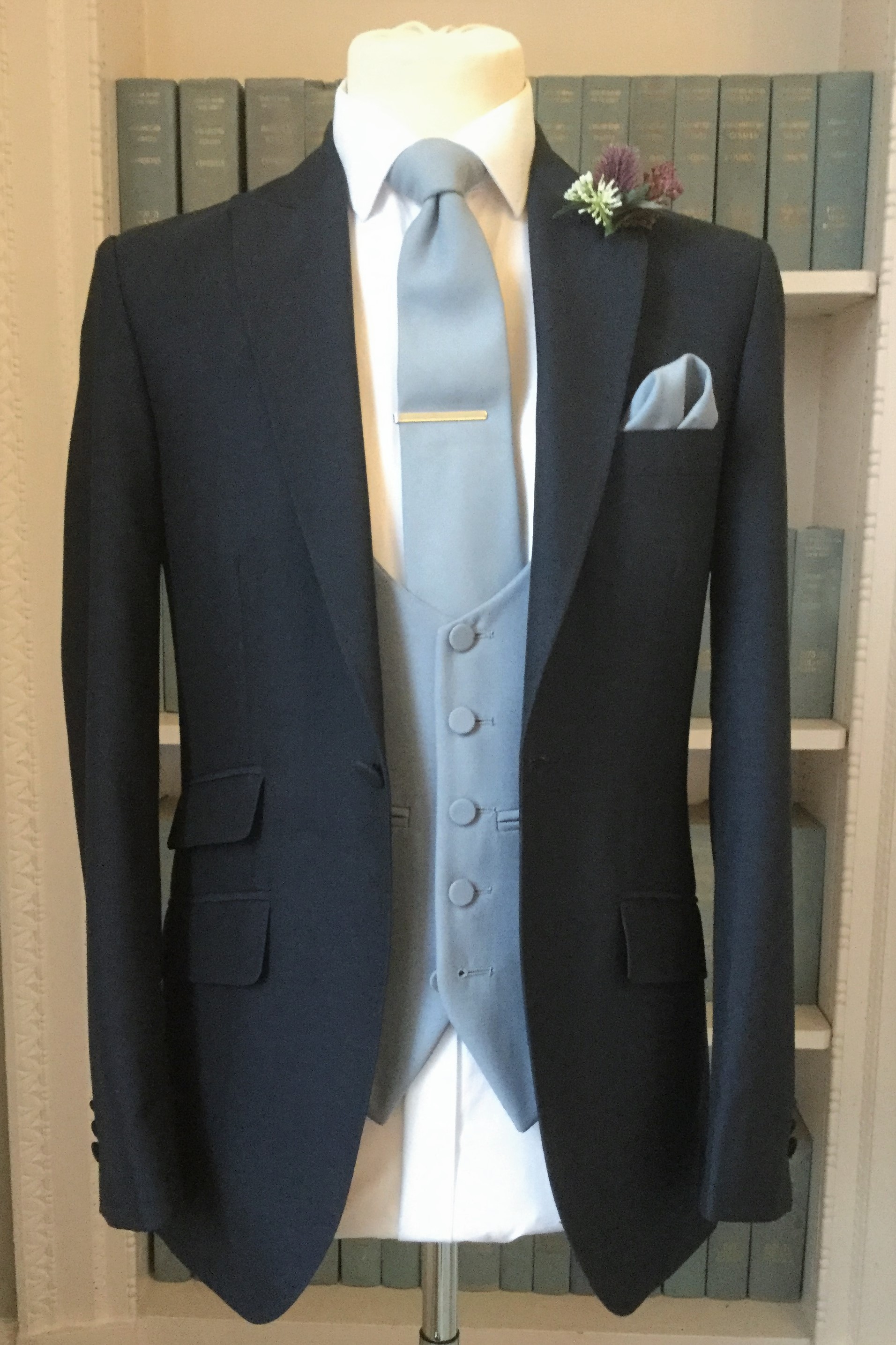 Navy Lounge Mens Wedding Hire Suit with grey waistcoat and tie by Black Tie Menswear