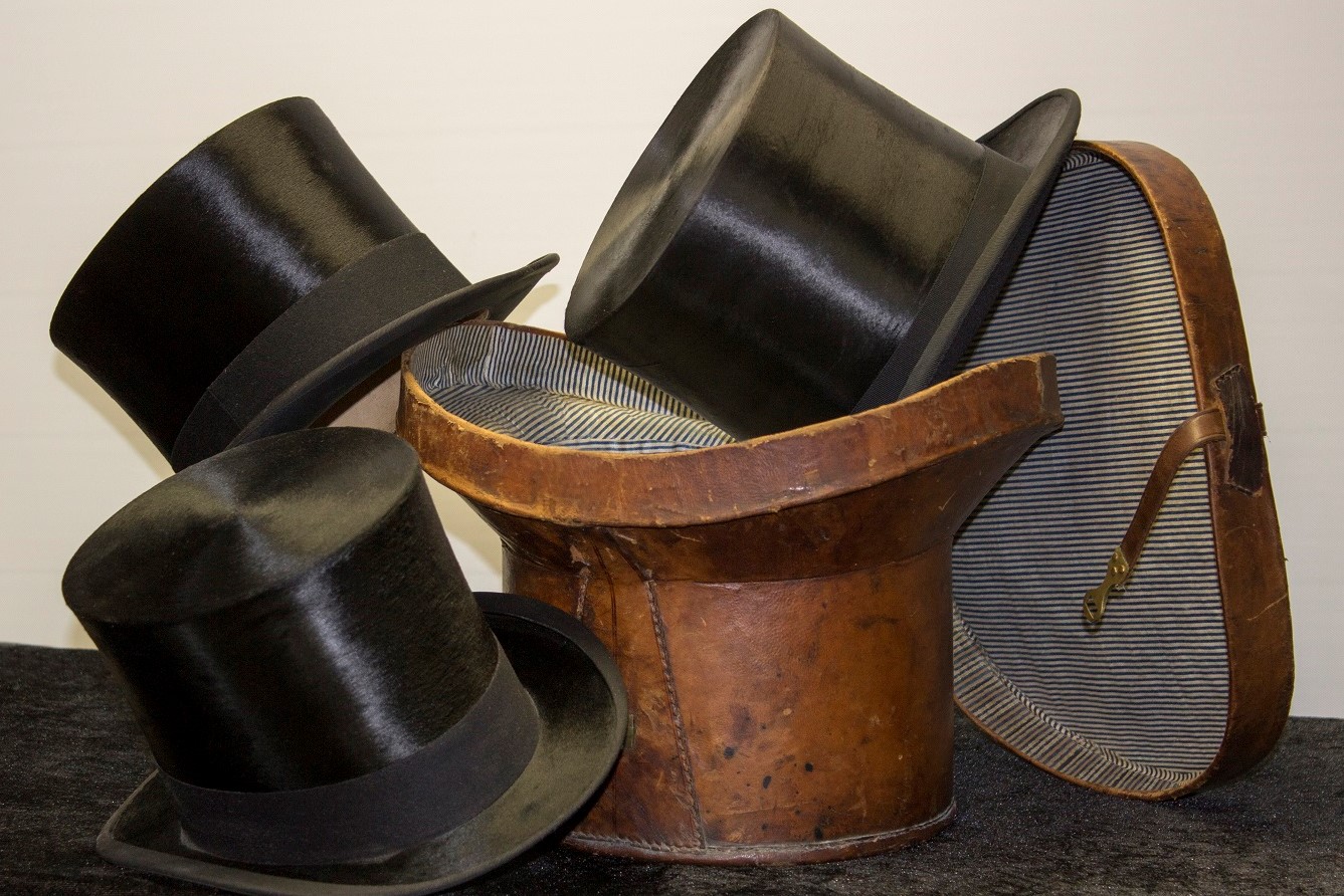 Black Silk Antique Top Hats with antique Hat Box