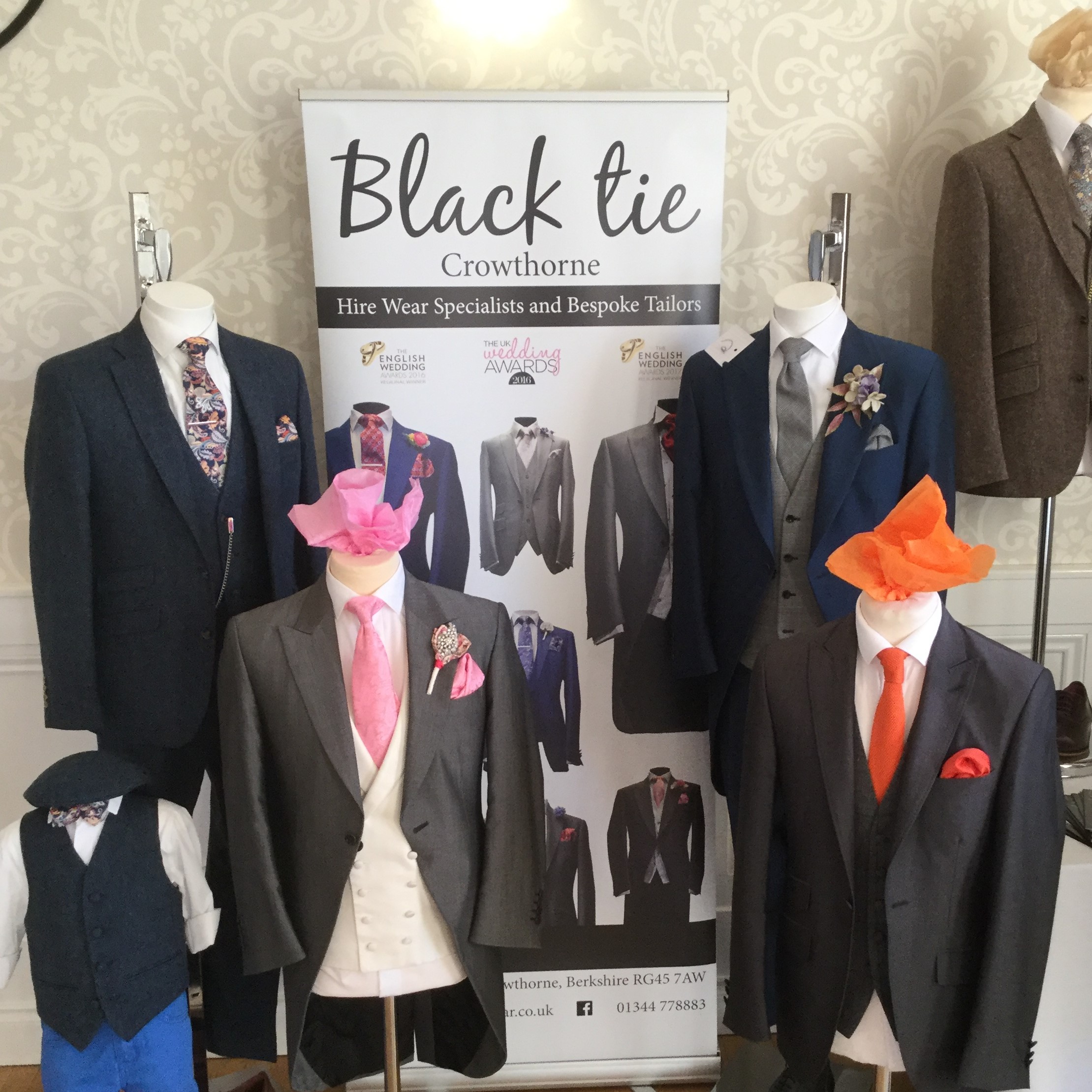 Black Tie Menswear Wedding Fair event featuring charcoal grey, navy tweed and childrens wedding suits