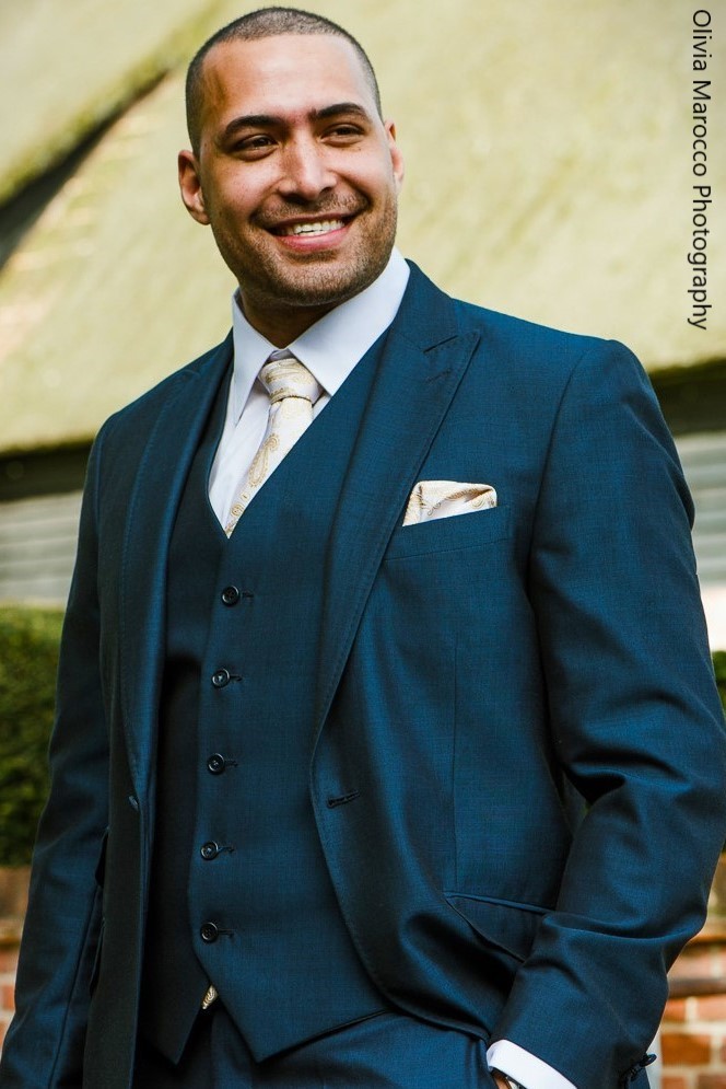 Wedding Groom wearing royal french navy lounge suit with waistcoat and floral tie by Black Tie Menswear