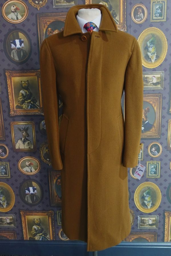 Full Length Mens Wool Winter Overcoat in Tobacco brown with button fly front