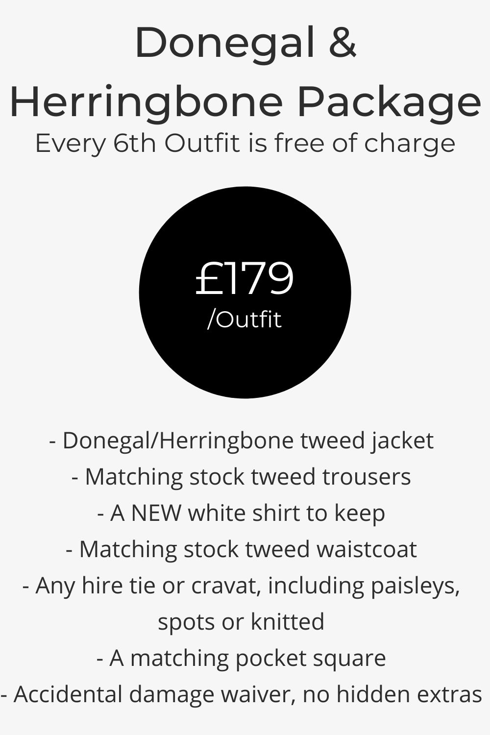 Donegal & herringbone blue, grey, brown tweed wedding suit hire pricing list