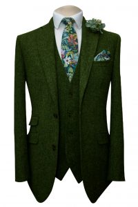 Green Heritage Tweed Hirewear Wedding Suit with Liberty fabric tie and handkerchief by Black Tie Menswear