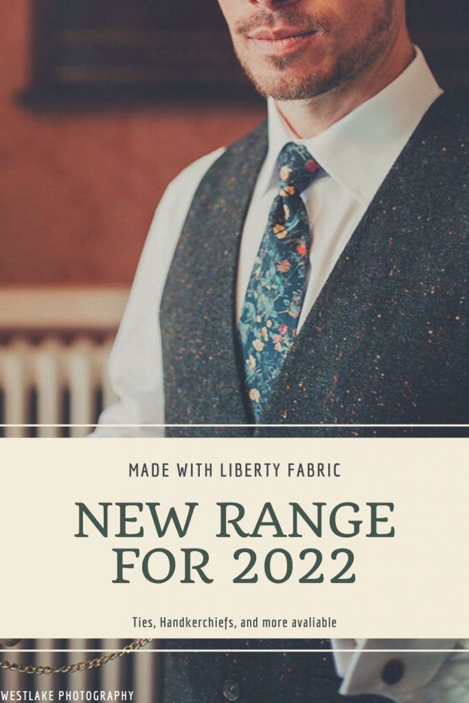 New 2022 Liberty Fabric Tie and Handkerchief Range featuring groom in wild flowers