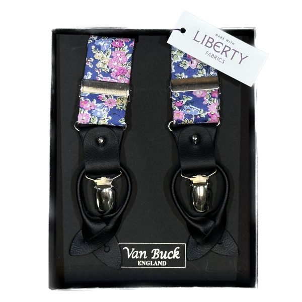 Tatum Braces Made With Liberty Fabric": A sophisticated and stylish pair of suspenders made with Liberty fabric, featuring a timeless pattern of small, intricately detailed flowers in shades of pink, blue, and green.